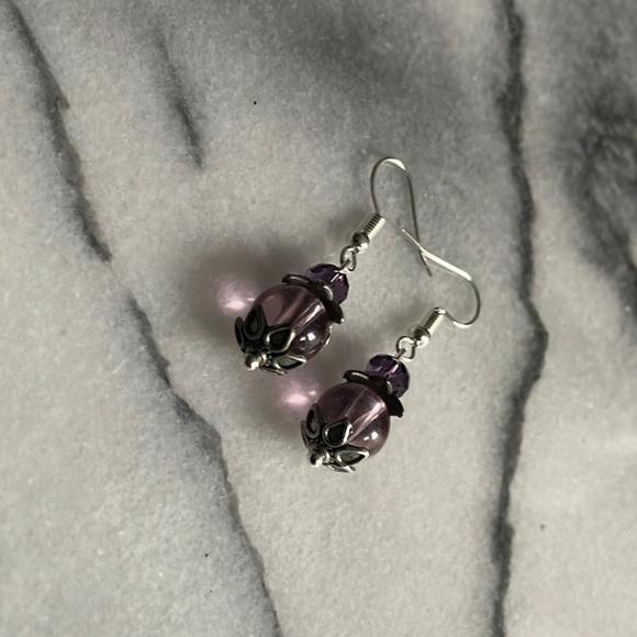 ❤️FREE glass bead earrings lavender purple multifaceted silver lotus flower - Picture 3 of 7